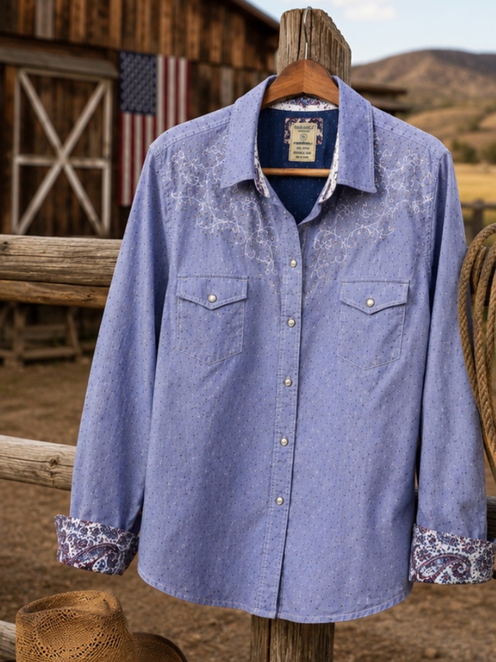 Panhandle Rough Stock Embroidered Western Shirt XL Paisley Cuffs 100% Cotton 59